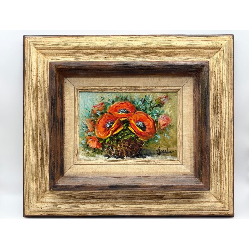 Original Oil Painting Basket O' Poppies Framed Still Life Floral Signed Nora Lee - Picture 3 of 13